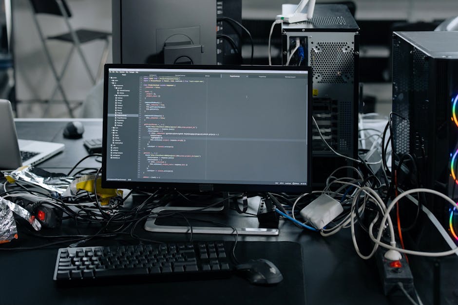 A cluttered desk in an office environment featuring a central widescreen monitor displaying lines of code in multiple colours, surrounded by tangled black and grey cables connecting to various electro