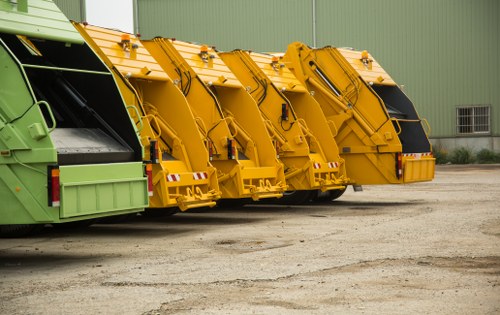 A row of three large commercial waste collection vehicles parked side by side on a gravel surface in front of a green industrial building. The first vehicle on the left is a green refuse collection truck, followed by two yellow skip loaders with metal bodies and hydraulic mechanisms, designed for lifting and emptying waste containers. The trucks are aligned with their rear sections facing forward, showcasing various equipment and safety markings. The background features a green corrugated metal wall with a small window and an air conditioning unit visible on the right side. The scene is well-lit with natural daylight, highlighting the textures of the gravel, metal surfaces, and the clean, professional appearance of the waste management vehicles used in Watford for commercial rubbish collection, as managed by Commercial Waste Watford.